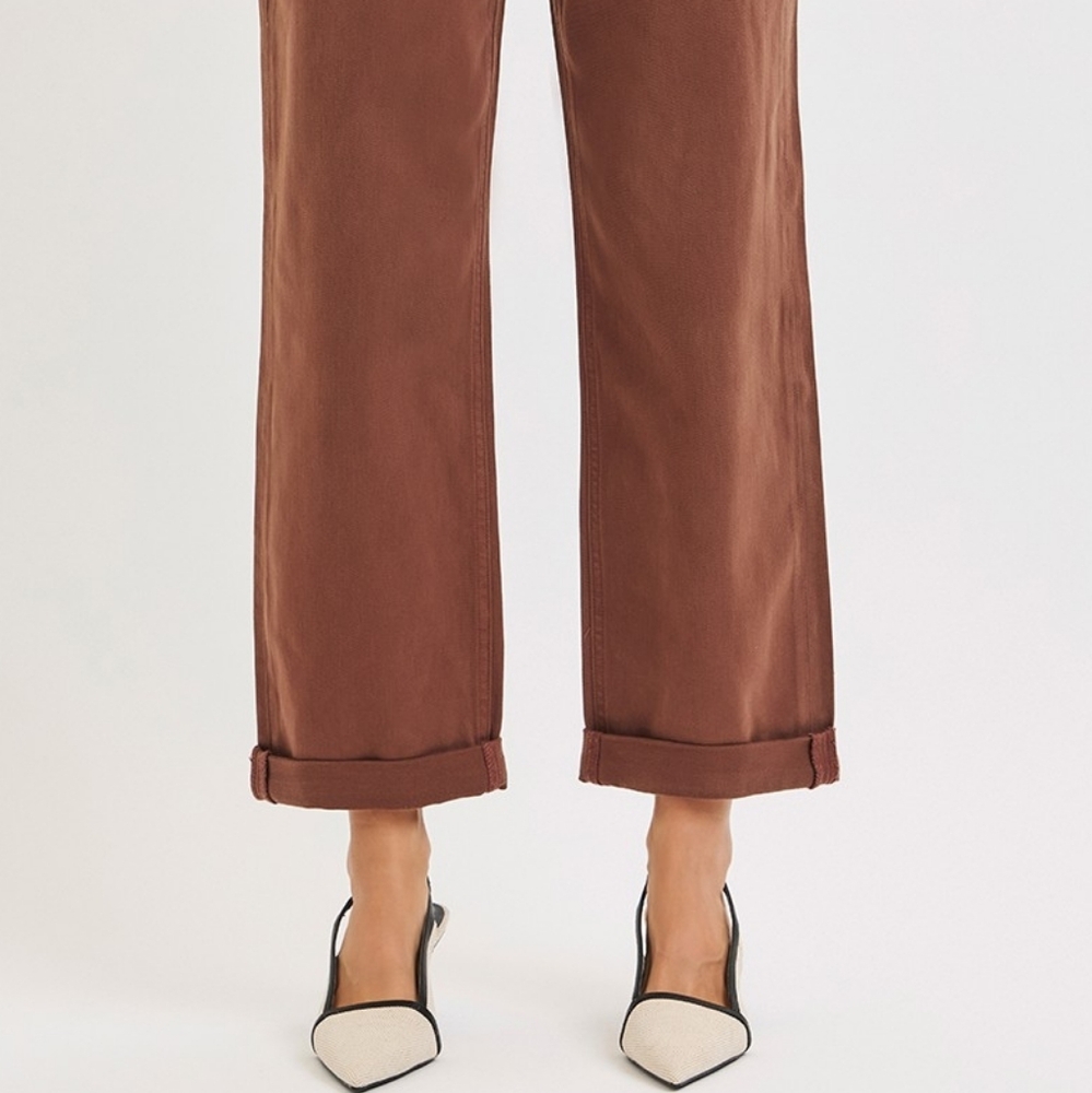 RISEN Mid-Rise Tummy Control Barrel Jeans Baggy Leg Rolled Hem Denim Pants Brown - Picture 14 of 16